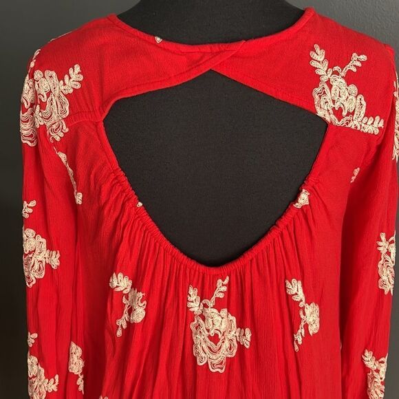 Free People Emma red/orange white embroidered floral accent open back guaze mini - Picture 6 of 8